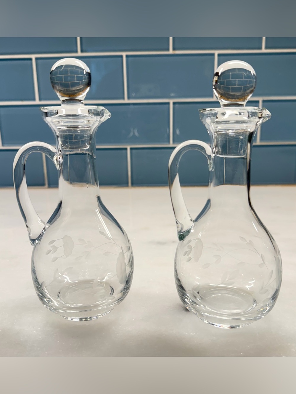 Princess House Clear Etched Glass Cruet Pair with Stoppers - Clear